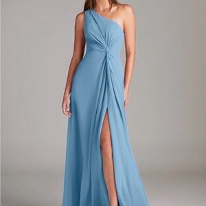 Azazie Brooke Steel Blue A-Line One Shoulder Chiffon Dress